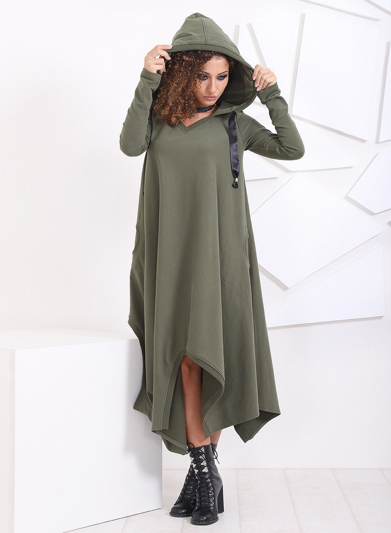 Hooded Plus Size Dress/ Maxi Kaftan Dress/ Cotton Black Dress/ - Etsy