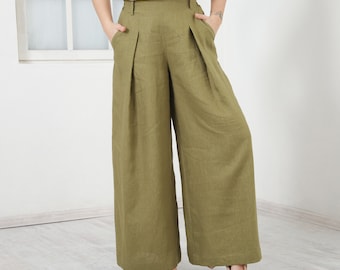 Linen Palazzo Pants JASMINE, Capri High Waisted Pants, Wide Leg Trousers, Pants With Pockets, Plus Size Clothing