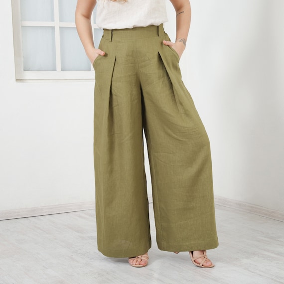 Linen Pants, Palazzo Pants, Wide Leg Pants, Green Linen Skirt