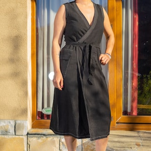 Wrap Linen Dress, Black Long Linen Tunic, Eco Organic Linen Maxi Dress