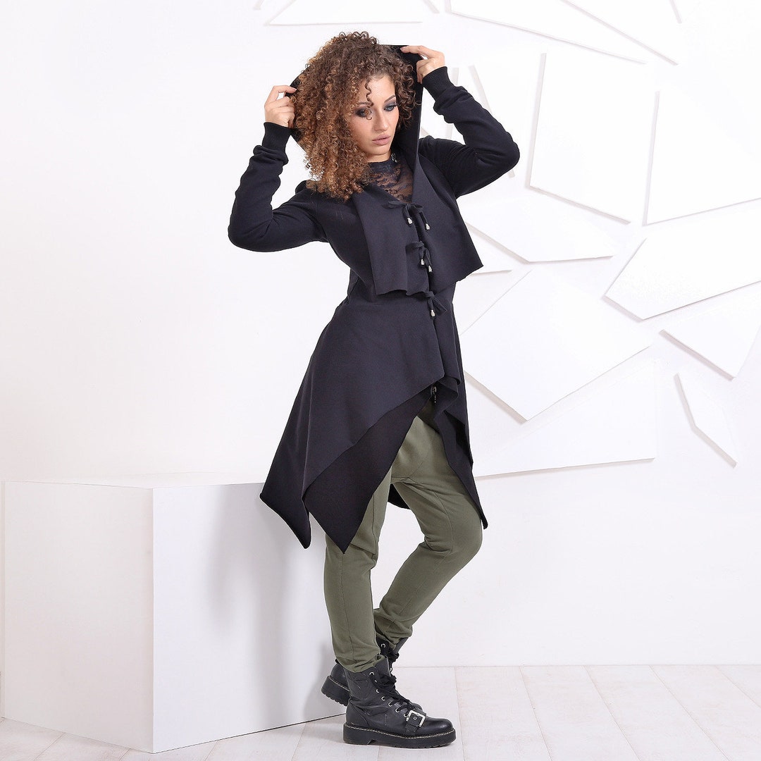 Black Winter Hooded Jacket, Long Sleeve Hoodie Jacket, Plus Size ...