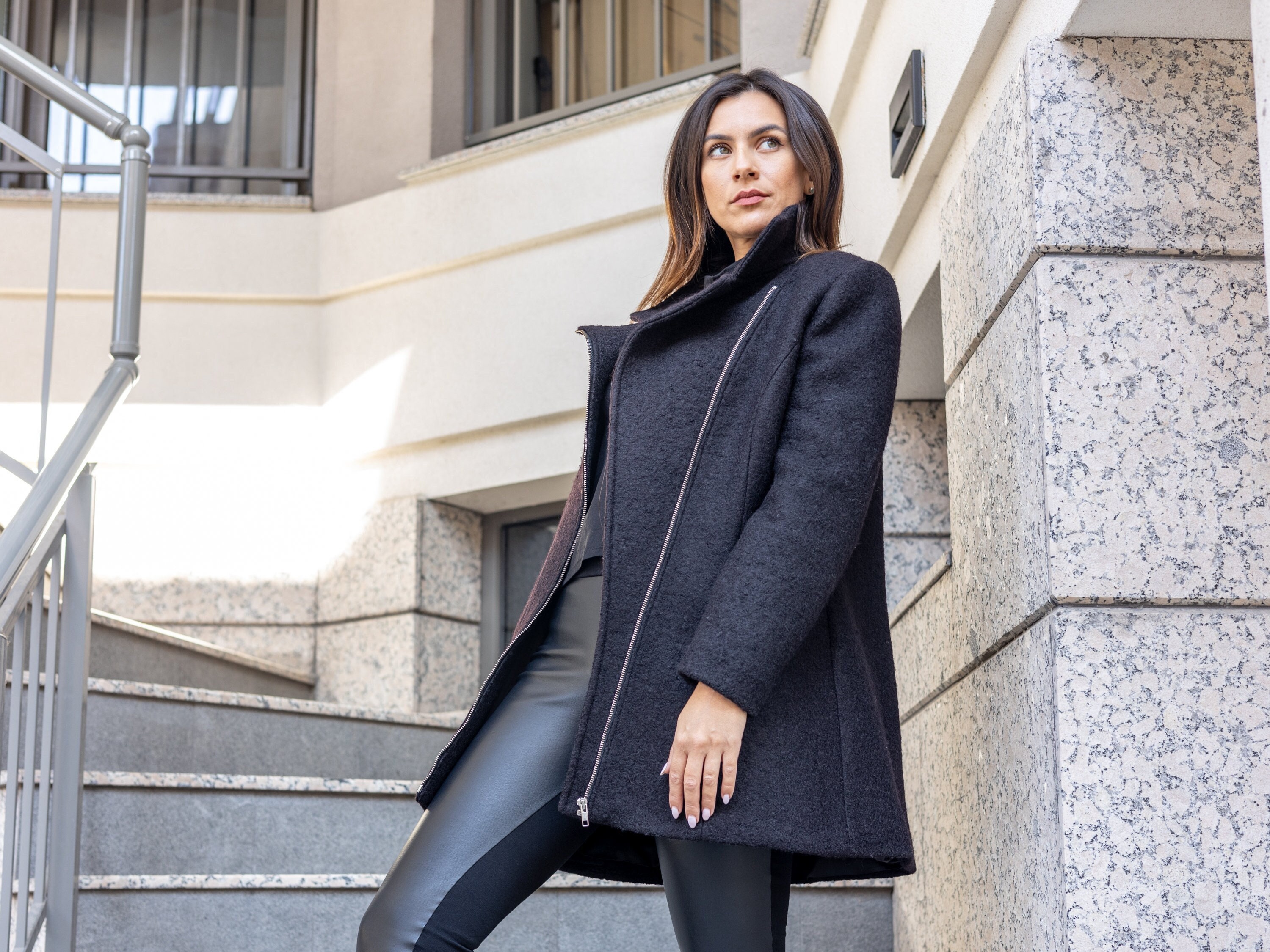 Black Winter High Collar Wool Jacket, Wool Winter Coat, Wool