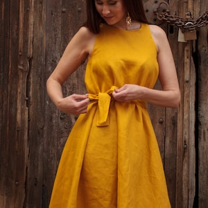 Yellow linen dress, washed linen wrap dress, midi caftan dress, summer linen clothing by Friends Fashion