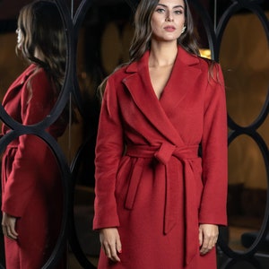 Belted Winter Coat, Wool Red Coat, Midi Winter Coat, Overcoat Women, Plus Size Clothing, Party Coat, Wool Elegant Coat, Long Coat, Winter