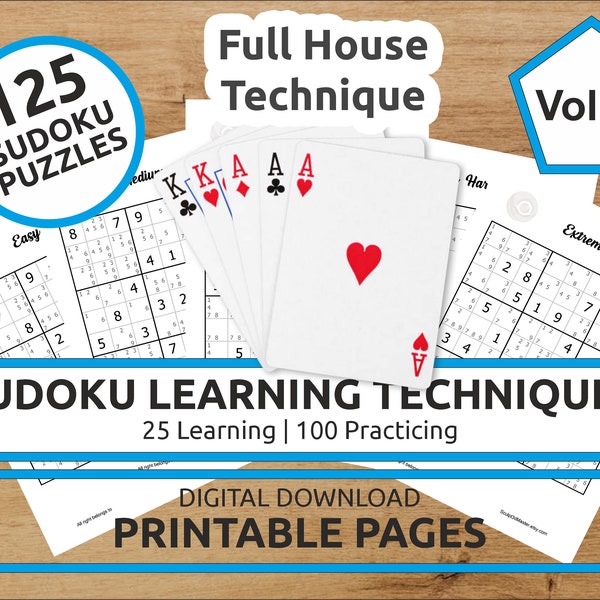 Sudoku Solving Techniques Learning and Practicing| Sudoku Full House Technique | 25 Learning 100 practicing | Instant Download PDF