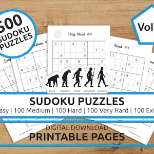 May include: A set of 500 printable Sudoku puzzles, divided into 100 easy, 100 medium, 100 hard, 100 very hard, and 100 extreme difficulty levels. The puzzles are printed on white paper with black ink. The image shows a few of the puzzles, with the title "Sudoku Puzzles" and the difficulty levels listed below.
