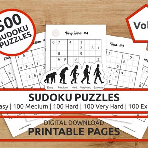 Puede incluir: Un conjunto de 500 rompecabezas de Sudoku imprimibles, divididos en 100 niveles fáciles, 100 niveles medios, 100 niveles difíciles, 100 niveles muy difíciles y 100 niveles extremos. Los rompecabezas están impresos en papel blanco con tinta negra. El título del conjunto es "Sudoku Puzzles" y el número de volumen es "Vol. 5".