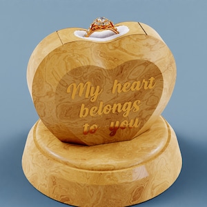 Caja de anillo personalizada - Caja de anillo de compromiso con soporte - Caja de exhibición de anillo en forma de corazón - Caja de anillo giratoria única - Archivo STL Archivos de enrutador CNC