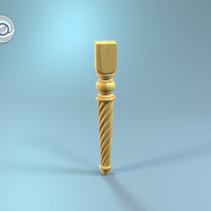 May include: A wooden table leg with a twisted design and a rounded top. The leg is light brown in color.