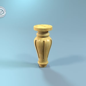 May include: A light-colored wooden furniture leg with a turned design. The leg has a round top and base, with a carved, fluted pattern along the sides. The leg is set against a light blue background.