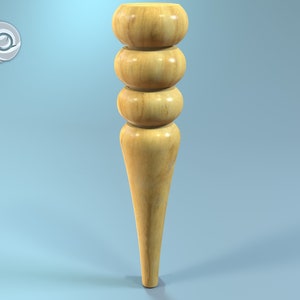 May include: A wooden table leg with a rounded, tapered design and three decorative rings. The leg is light brown in color and has a smooth finish.