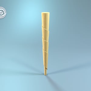 May include: A wooden dowel with a spiral design. The dowel is light brown and has a pointed tip.