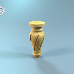 May include: A wooden table leg with a turned design. The leg is light brown and has a smooth finish.