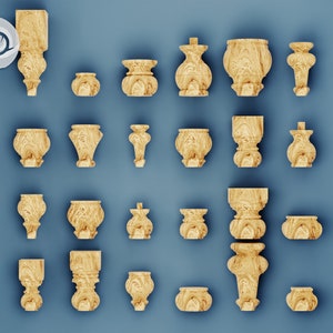 Könnte beinhalten: Eine Sammlung von 20 Holzbeinen für Möbel in verschiedenen Stilen und Größen. Die Beine sind aus hellbraunem Holz mit natürlicher Maserung. STL-Datei.