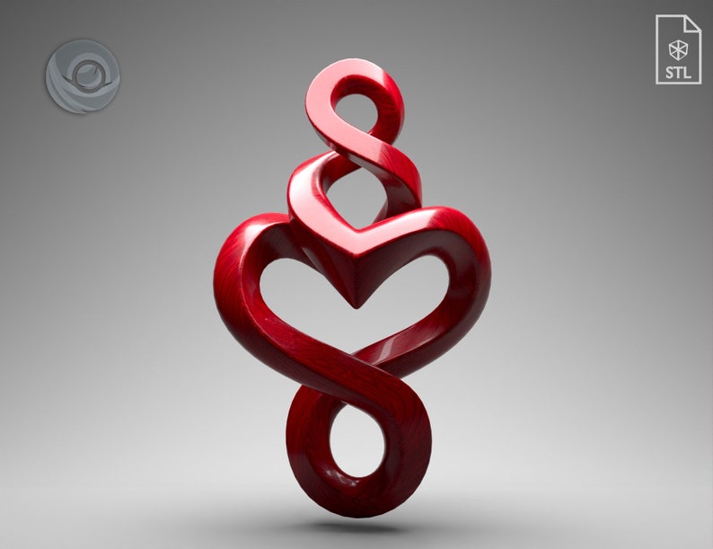 May include: A red, heart-shaped sculpture with an infinity symbol design. The sculpture is made of a smooth, glossy material.
