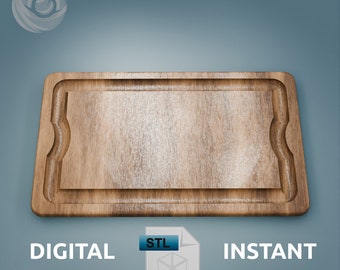 May include: A brown wooden cutting board with a raised edge and a slightly textured surface. The board is rectangular and has a slightly rounded edge. The board is isolated on a blue background.