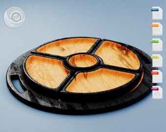 Archivos digitales de bandeja de madera para enrutador CNC, plato de servir de 4 secciones, tazón de salsa SVG, DXF, STL