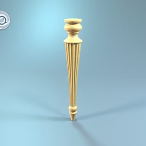 May include: A wooden furniture leg with a fluted design and a rounded top. The leg is light brown in color and is isolated against a light blue background.