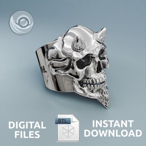 May include: A silver 3D printed ring with a skull design. The skull has horns and a beard. The ring is a digital file for instant download.