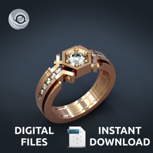 May include: A rose gold ring with a hexagonal center stone and a row of small diamonds on each side. The ring is a digital file for 3D printing.