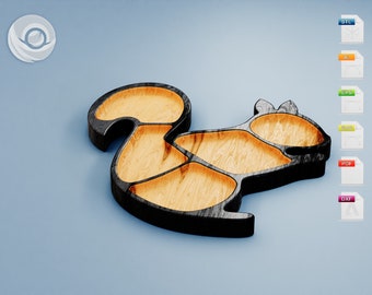 Könnte beinhalten: Ein Serviertablett aus Holz in Form eines Eichhörnchens mit vier Fächern. Das Tablett ist schwarz mit einer natürlichen Holzoptik.