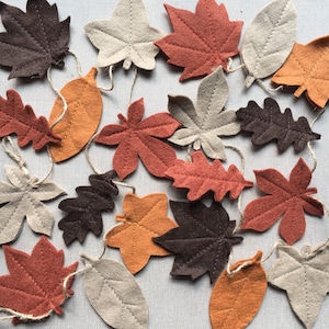 Può includere: Una ghirlanda di foglie di feltro in varie tonalità di marrone, arancione e beige. Le foglie sono cucite insieme con lo spago e sono infilate per creare una ghirlanda decorativa.