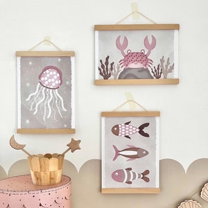 PINK SEALIFE Jellyfish, Fish, Crab Prints/Illustrations A4