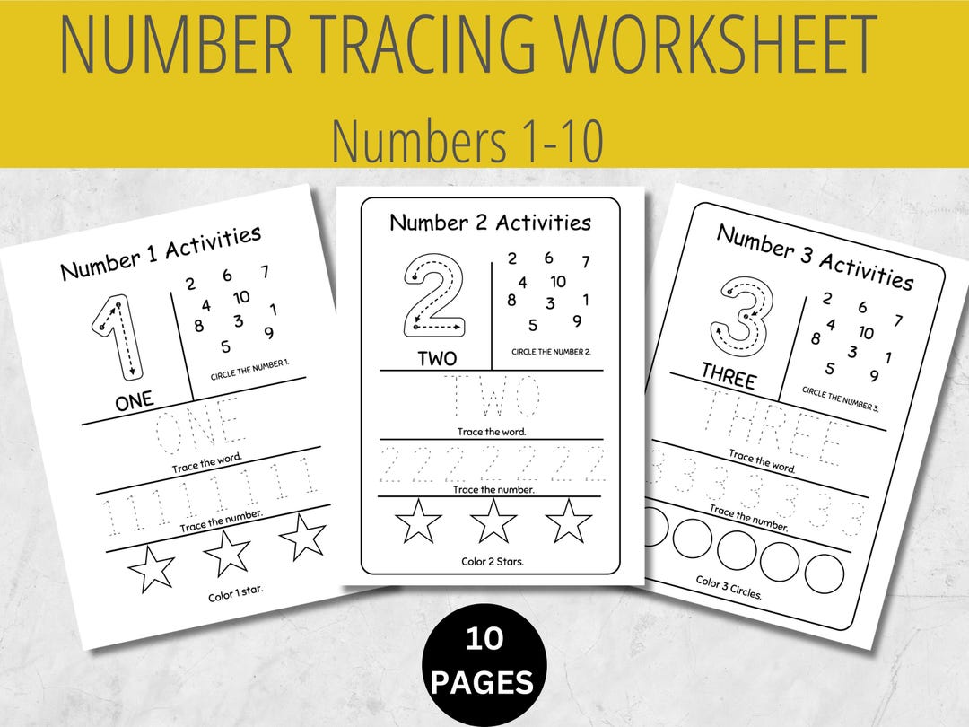 Number Tracing Worksheet 1-10 Printable, Handwriting, Kindergarten ...