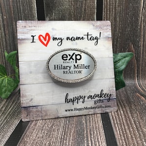 Bling Rhinestone Oval Name Tag: Silver Sparkle, Magnetic Clip