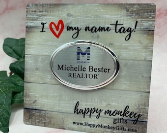 Oval Silver Name Tag: Magnetic Plastic Badge