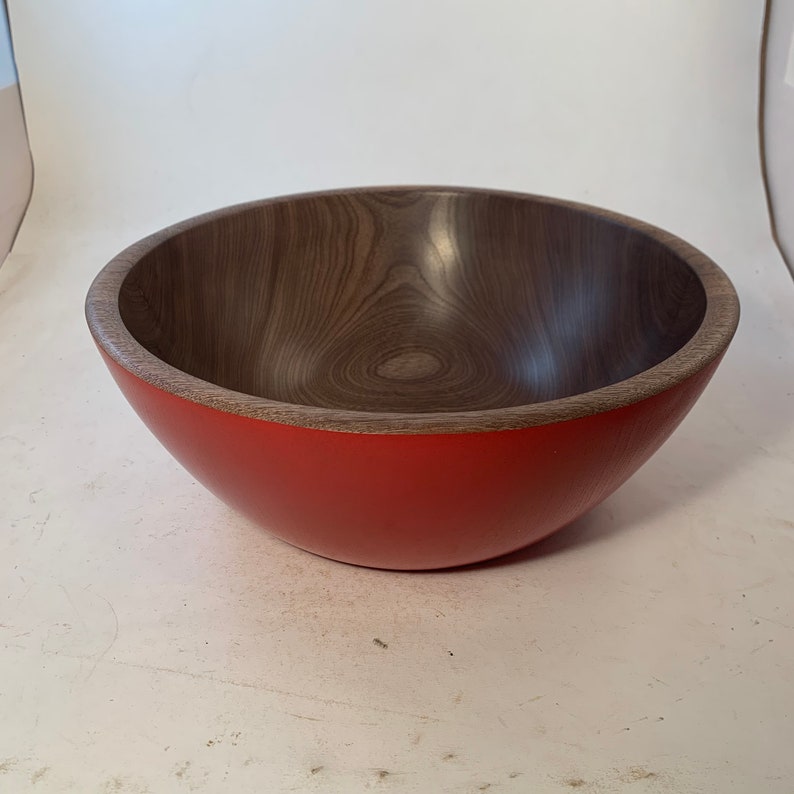 Large Walnut Bowl with a Red Exterior 11.5x4.5