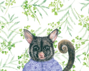 A3 Mrs Possum Art, Possum Art Print, Australian Art, Native Animal Art, Helen Ashley Animal Character, Watercolour Art, Possum , Animal Art,