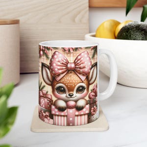Reindeer Christmas Mug, Holiday Coffee Cup, Cute Pink Deer Tea Mug, Festive Xmas Gift, Winter Hot Cocoa Mug