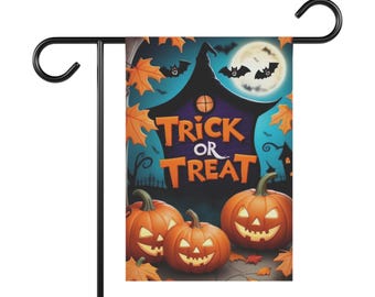 May include: A Halloween garden flag featuring a spooky scene with a purple house, jack-o'-lanterns, bats, and the words "Trick or Treat." The flag is mounted on a black metal stand.