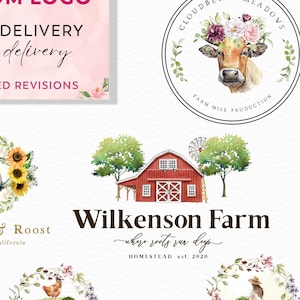 Custom logo farm logo, homestead watercolor logo, chicken logo, farm animals logo