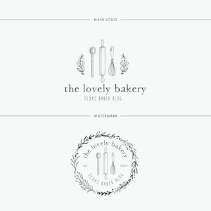 Premade Logo Design,Whisk Wooden Spoon Rolling Pin Bakery Baker Leaves Wreath Leaf Blog Rustic Logo and Watermark, Logo Set, Brand Set
