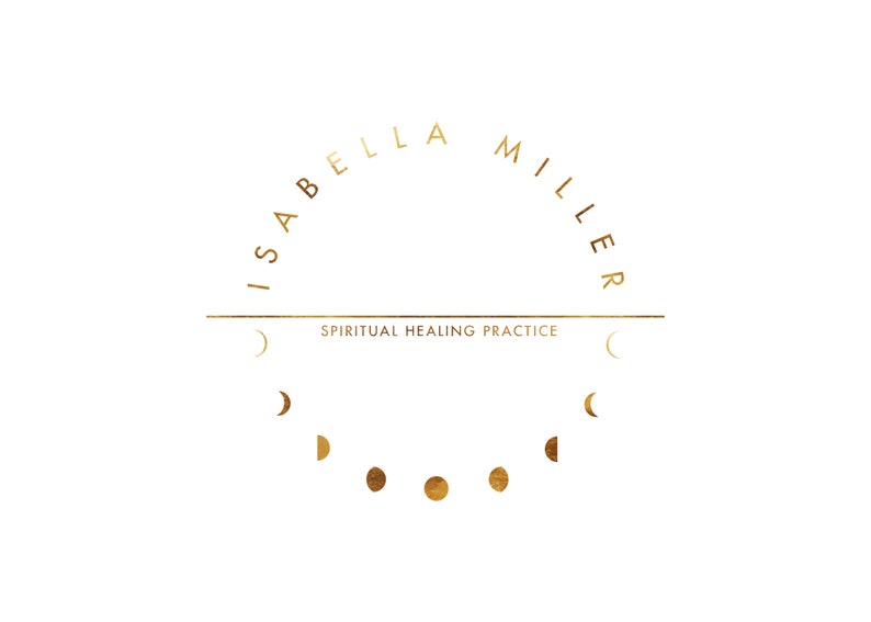 May include: Gold logo with the text "Isabella Miller" in a semi-circle above the text "Spiritual Healing Practice" and a row of gold crescent moons and circles below.