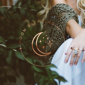 Watermark, Fairytail spiritual , Whimsical branding logo, Watermark Stars Moon gold logo, Photography logo, Moon flower rose gold