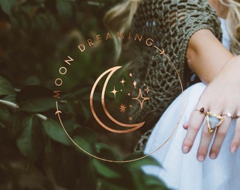 Watermark, Fairytail spiritual , Whimsical branding logo, Watermark Stars Moon gold logo, Photography logo, Moon flower rose gold