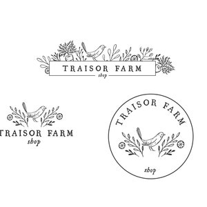 Può includere: Design di logo in bianco e nero per un negozio chiamato "Traisor Farm". Il logo presenta un uccello ed elementi floreali.