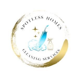 May include: A gold circle with a brushstroke effect, containing the text "Spotless Homes Cleaning Services". Inside the circle is a blue vacuum cleaner, a spray bottle, and three gold stars.