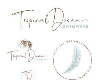 Premade Logo Design, Tropical palm swimwear swimsuit bikini logo set,  Watermark logo, Designer Branding Kit, Branding Package