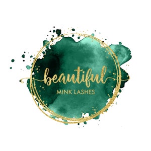May include: A green watercolor circle with a gold glitter outline and the text "beautiful mink lashes" in gold glitter lettering.