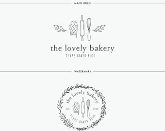 Premade Logo Design,Whisk Wooden Spoon Rolling Pin Bakery Baker Leaves Wreath Leaf Blog Rustic Logo and Watermark, Logo Set, Brand Set