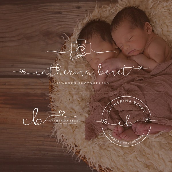 Branding Package Newborn Photography Watermark Camera outline Calligraphy name Heart Hearts Bow Bows Premade logo Branding Kit Package