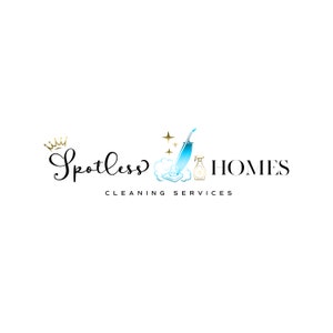 May include: Logo for a cleaning service called "Spotless Homes Cleaning Services". The logo features a gold crown, a blue vacuum cleaner, a spray bottle, and stars.