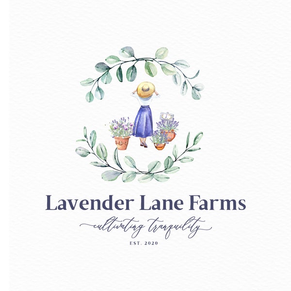 Premade Watercolor Gardening Logo - Rustic Logo - Organic Design - Vegan - Botanical Flower Flowers- Website Logo - Farm Logo