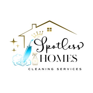 May include: A logo for a cleaning service called "Spotless Homes Cleaning Services". The logo features a gold crown, a house outline, a vacuum cleaner, and a spray bottle. The text is in black and the background is white.