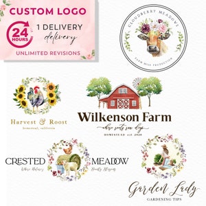 Custom logo farm logo, homestead watercolor logo, chicken logo, farm animals logo