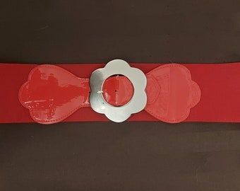 Red Flower Elastic Stretch Pleather Vintage Belt.